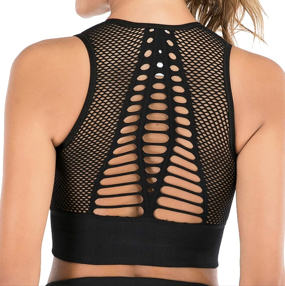 Long line sports bra crop with fishnet cutouts